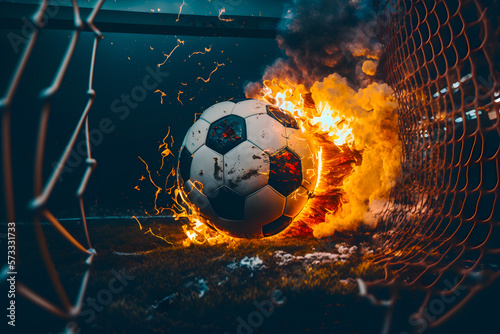 The soccer ball flies into the net and breaks. Generative AI