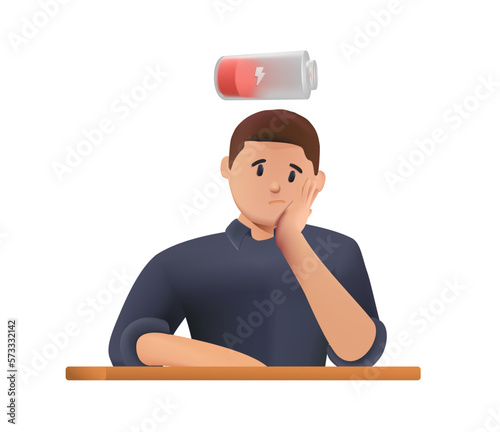 3D Tired student with Low power symbol. Depression, Man tired of hard working, sleepy at work, guy at office sits