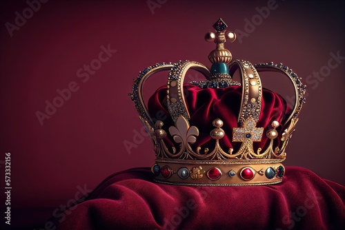 Royal golden crown with jewels on a pillow on a pink-red background, Symbols of UK United Kingdom monarchy. Generative AI photo