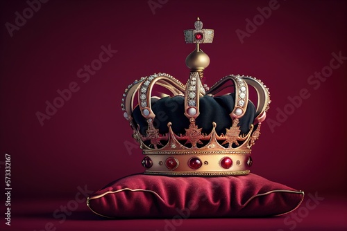 Royal golden crown with jewels on a pillow on a pink-red background, Symbols of UK United Kingdom monarchy. Generative AI