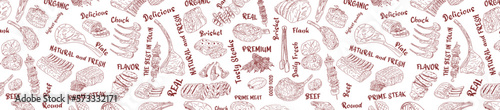 Meat seamless pattern. Hand-drawn vector illustration. Carved style. Food menu background. Sketch illustration.