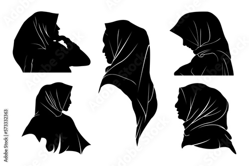 Collection of silhouette portraits featuring elegant hijab-wearing women. Five graceful poses capturing the essence of Muslim beauty