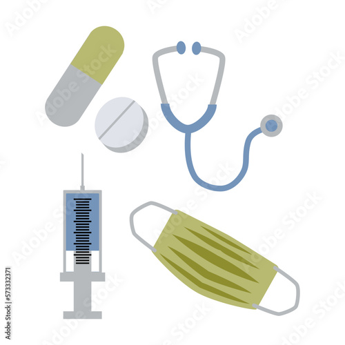 Diverse medical equipment including masks, stethoscopes, syringes, and medication.