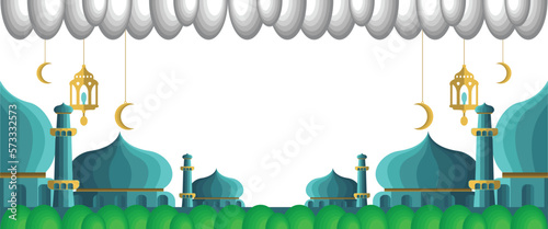 Ramadan Kareem banner featuring an Islamic background with Muslim motifs, mosque lantern, and moon.