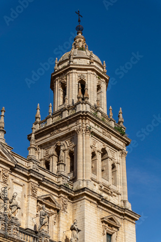 Vertical view of one of the towers of the cathedral of Jaen on a sunny day. Renaissance style. Jaen (Spain)