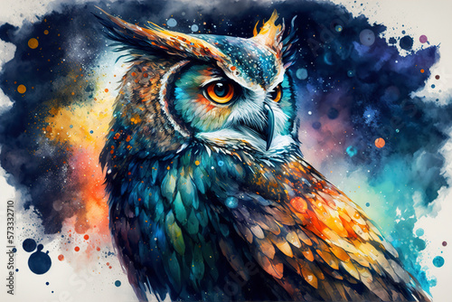 Surrealistic watercolor illustration of an owl, Owl in the wildlife, owl with rainbow feathers, generative ai