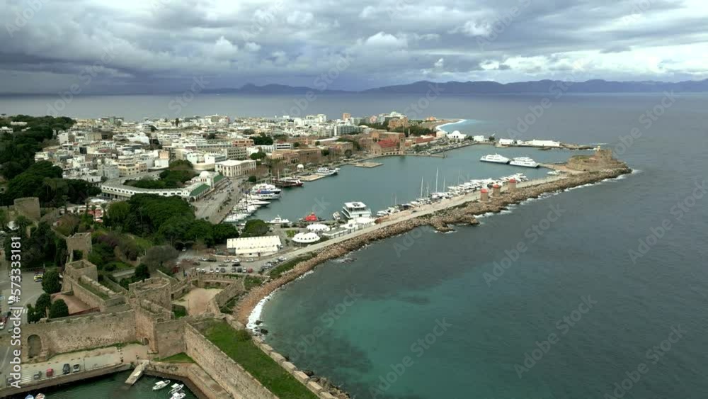 Scenic coastal area of the Greek Rhodes island and sea. Aerial shot