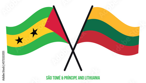 Sao Tome and Lithuania Flags Crossed And Waving Flat Style. Official Proportion. Correct Colors.