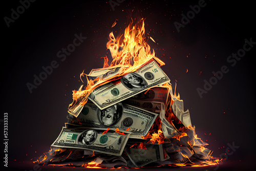 Tela A burning pile of dollar bills symbolizing financial losses concept background, generative AI digital art