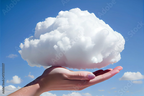 White cloud on the palm of a woman hand against blue sky concept background, generative AI digital art.