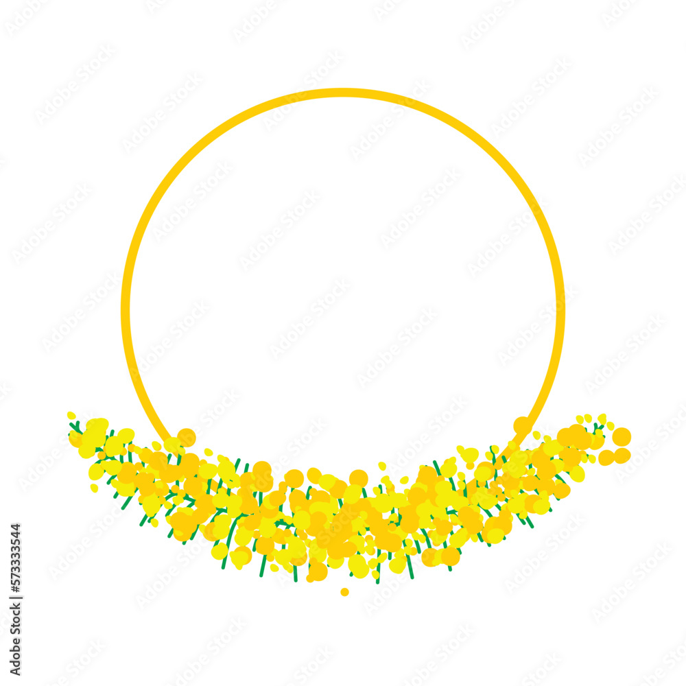 Fototapeta premium Beautiful yellow acacia flowers or inflorescences, leaves on a frame with golden line. Elegant floral decoration. Vector illustration