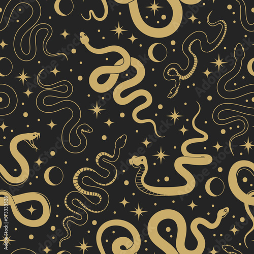 Snakes seamless pattern. Golden mystic serpents, decorative repeated dark wallpaper, magical occult symbols, stars and moon, decor textile, wrapping paper, modern print tidy vector background