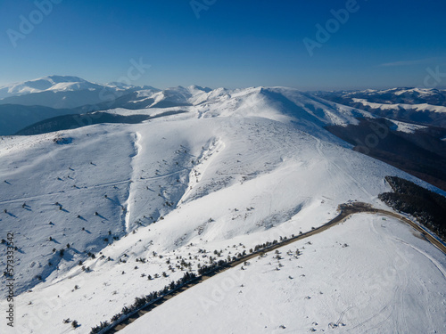 Aerial winter view of Balkan Mountains around Beklemeto pass, Bulgaria © Stoyan Haytov