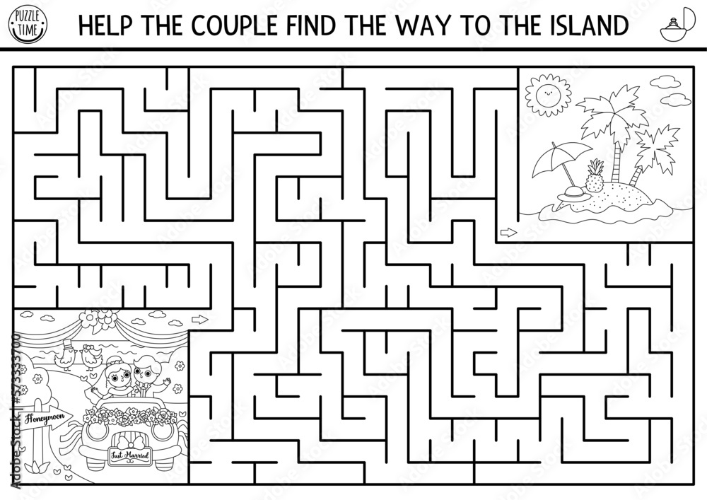 Wedding black and white maze for kids with bride and groom going to ...