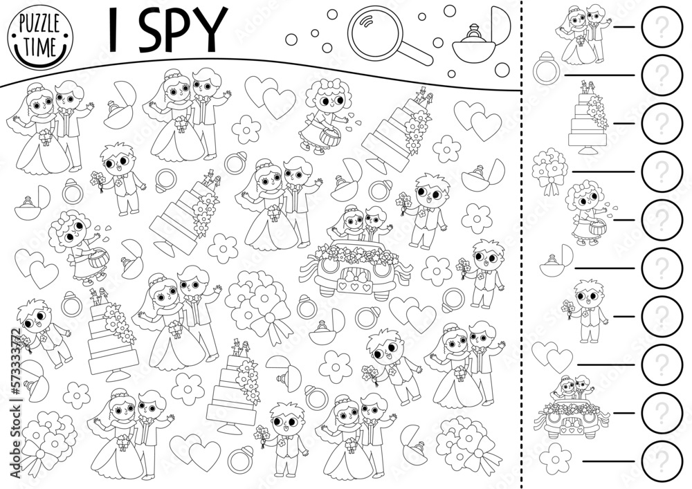 Wedding black and white I spy game for kids. Searching and counting activity or coloring page. Marriage ceremony printable worksheet. Simple spotting puzzle with bride, groom, honeymoon car, cake.