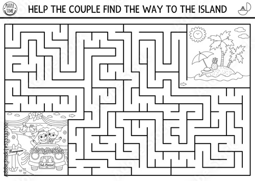 Wedding black and white maze for kids with bride and groom going to honeymoon. Marriage ceremony preschool printable activity with just married couple. Matrimonial labyrinth coloring page.