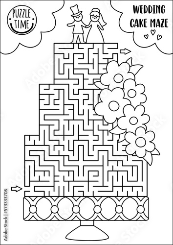Wedding black and white maze for kids with big cake, bride and groom figurines. Marriage ceremony preschool printable activity. Matrimonial labyrinth coloring page with dessert and flowers