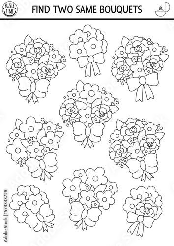 Find two same wedding bouquets. Marriage ceremony black and white matching activity for children. Educational quiz worksheet for kids. Printable game with bride flower arrangements.
