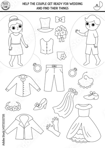 Marriage ceremony black and white matching activity with cute bride, groom and their clothes. Match the objects coloring page. Help the couple get ready for wedding and find their things.