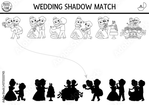 Wedding black and white shadow matching activity with bride, groom. Marriage ceremony puzzle with cute just married couple. Find correct silhouette printable worksheet, coloring page for kids.