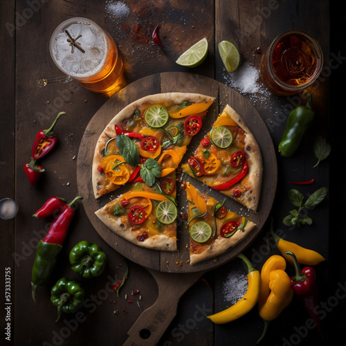 Close-up view from above of a margarita pizza against the kitchen table. peppers on the table. generative ai. 