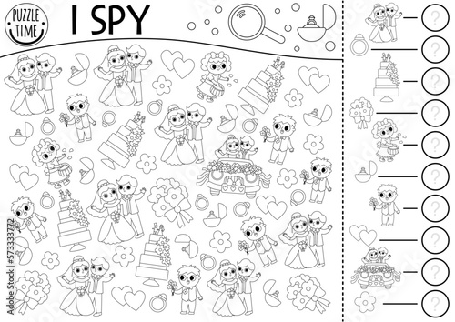 Wedding black and white I spy game for kids. Searching and counting activity or coloring page. Marriage ceremony printable worksheet. Simple spotting puzzle with bride  groom  honeymoon car  cake.