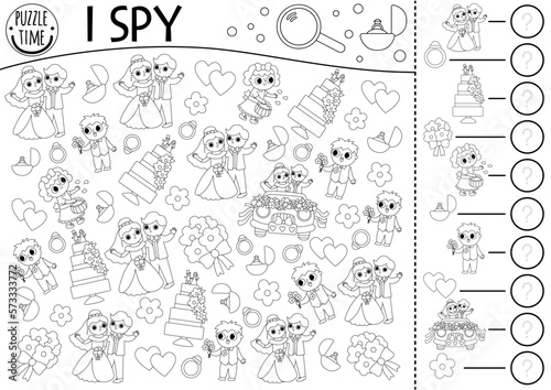 Wedding black and white I spy game for kids. Searching and counting activity or coloring page. Marriage ceremony printable worksheet. Simple spotting puzzle with bride, groom, honeymoon car, cake.