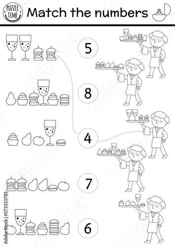 Match the numbers black and white wedding game with waiter and candy bar food. Marriage ceremony math line activity for preschool kids. Educational counting worksheet or coloring page.