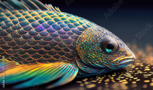 The shimmering scales of a fish or reptile, capturing the iridescence of its skin