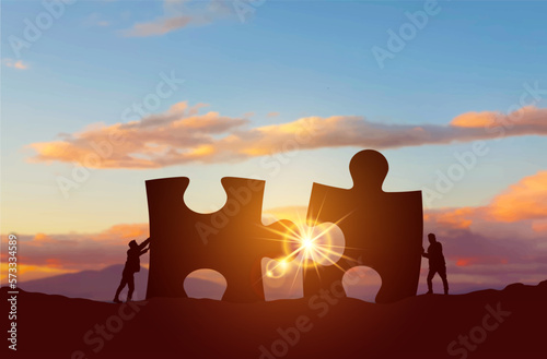 Business people connecting puzzle elements representing collaboration concept. Black silhouette. Business success concept. Vector illustration. Isolated on white background.