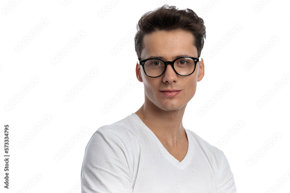 happy casual man with glasses wearing white shirt and posing happy casual man with glasses wearing white shirt and posing