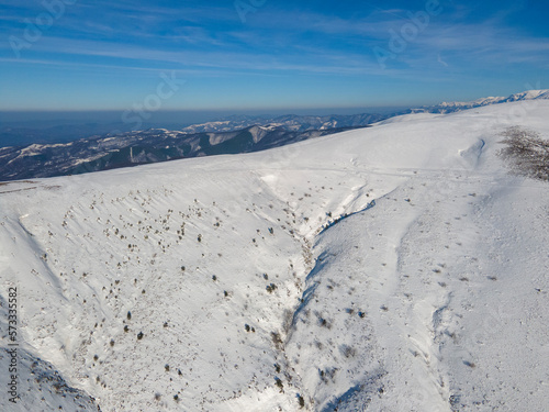Aerial winter view of Balkan Mountains around Beklemeto pass, Bulgaria