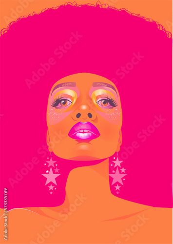 Beautiful woman with afro style curly hair, acid colors. Psychedelic makeup. Poster music soul, funk or disco style 60s or 70s