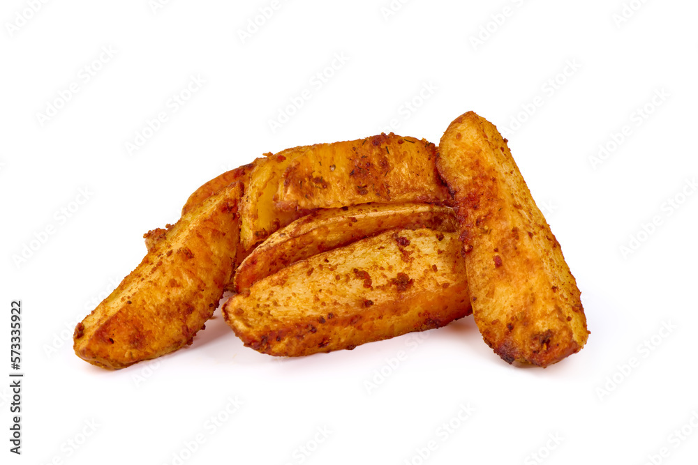 American Crispy Deep fried Potato Wedges with herbs, isolated on white background. American Crispy Deep fried Potato Wedges with herbs, isolated on white background.