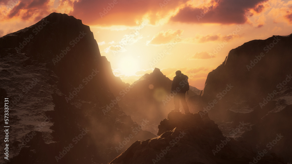Adventure Man on top of Rocky Mountain Landscape. Nature Background. Cloudy Sky at Sunset. 3d Rendering.