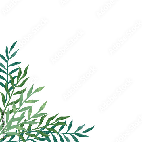 Frame from abstract green leaves. Hand-drawn watercolor illustration isolated on white background. For the design of postcards  posters