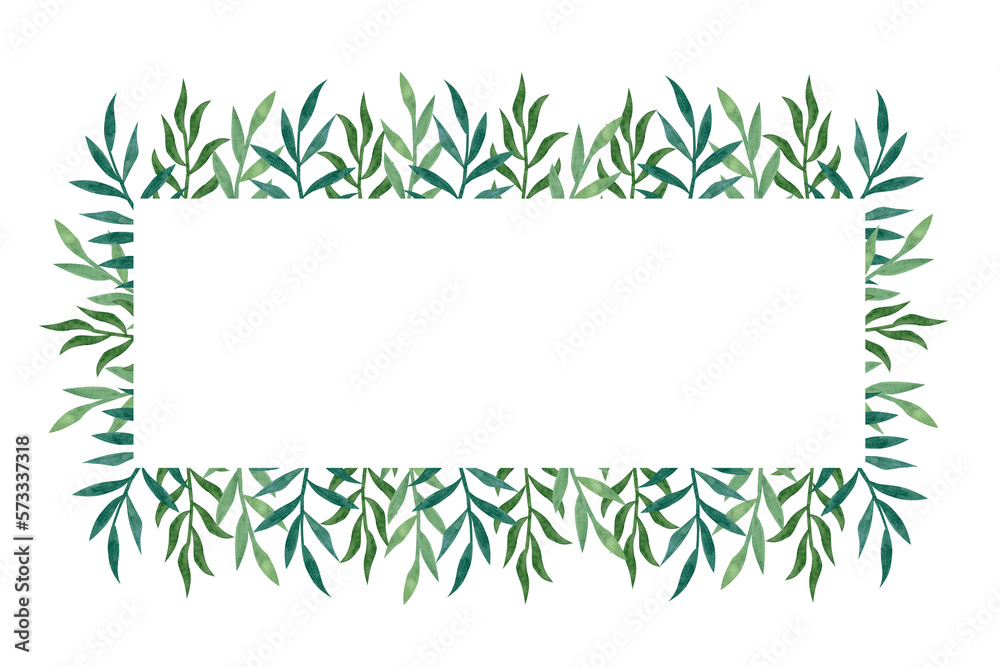 Banner frame from abstract green leaves. Hand-drawn watercolor illustration isolated on white background. For the design of postcards, posters