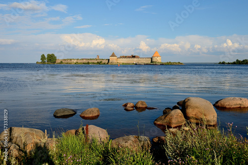 View of the Neva and the Oreshek (Shlisselburg) Fortress in the Leningrad region, Russia photo