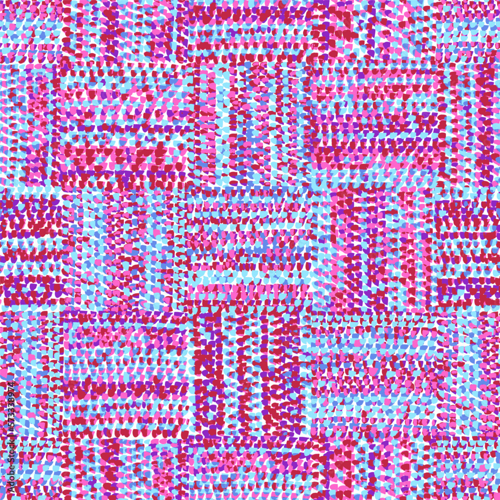 Tweed pattern in patchwork style. Grunge texture. Pink, blue, purple and white colors. Vector illustration.