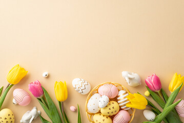 Easter celebration concept. Top view photo of colorful easter eggs in bowl ceramic bunnies yellow and pink tulips on isolated pastel beige background with copyspace
