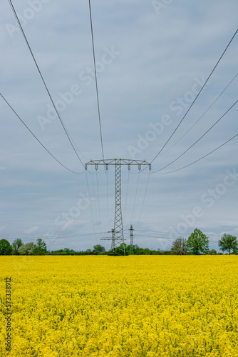 Cover page with Beautiful farm landscape with yellow rapeseed at blossom field and high voltage power lines in Germany, at Spring and dramatic rainy sky.