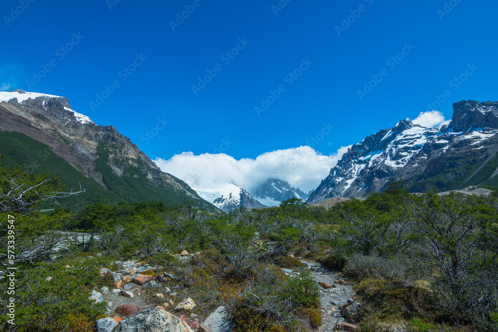 Fototapeta premium Panoramic view of Cerro Torre (Torre Mountain) from a viewpoint - El Chaltén, Argentina