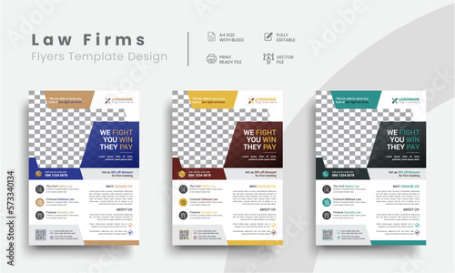 Best professional corporate lawyer illustrator flyer templates for law firm brand identity. Modern judicial attorney simple flyer layouts design.