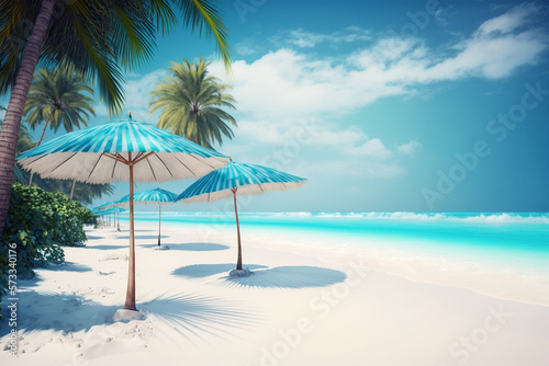 Beautiful blue ocean waves and blue umbrellas on sandy beach in summer. Generative AI