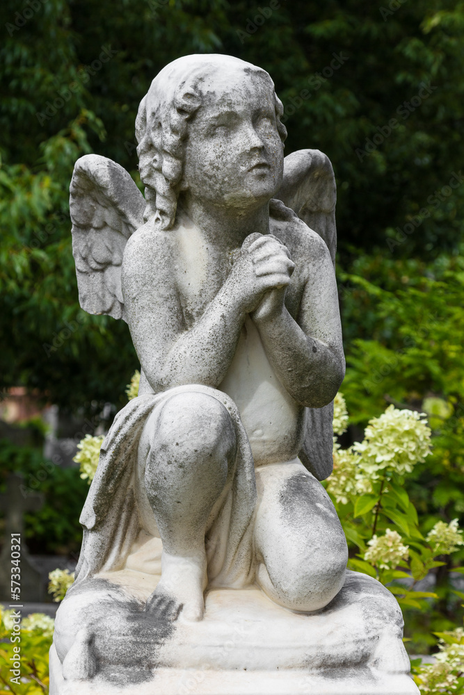 Vertical shot of praying cherub angel in a cemetery