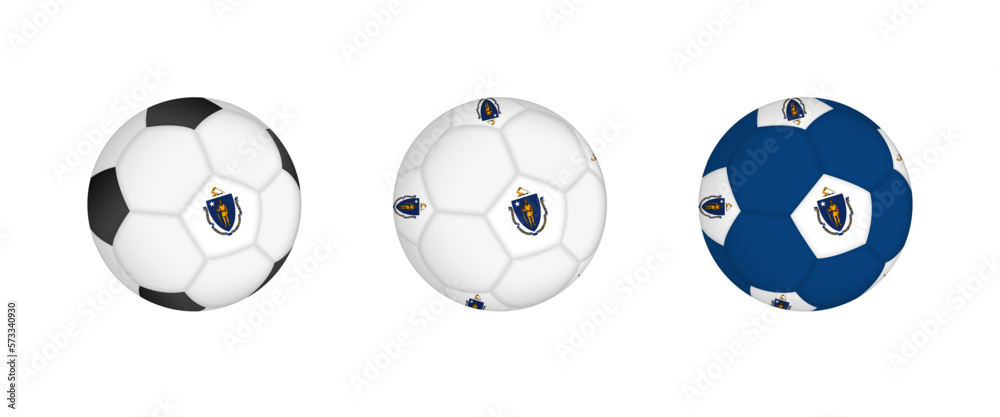 Collection football ball with the Massachusetts flag. Soccer equipment mockup with flag in three distinct configurations. Collection football ball with the Massachusetts flag. Soccer equipment mockup with flag in three distinct configurations.