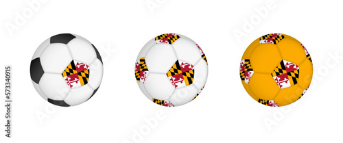 Collection football ball with the Maryland flag. Soccer equipment mockup with flag in three distinct configurations.