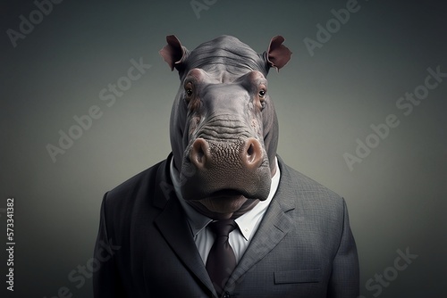 A Hippo in a Formal Business Suit Against a Grey Background Created by Generative AI Technology © Brian