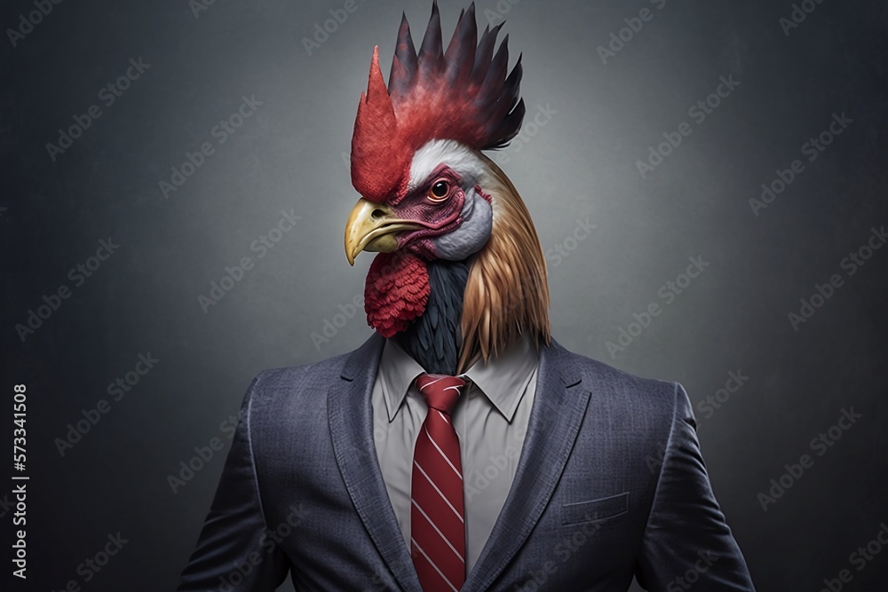 Portrait of a Rooster in a Formal Business Suit against a Grey Background Created by Generative AI Technology