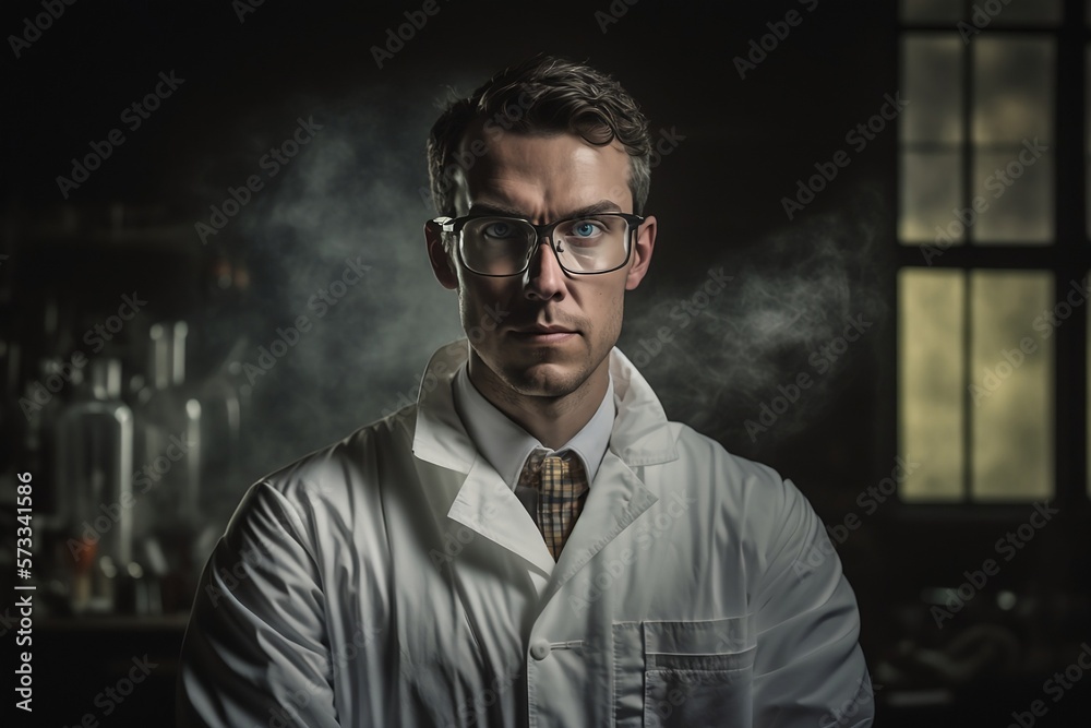 Fototapeta premium Illustration of a Scientist in a White Lab Coat in a Dark Laboratory Created by Generative AI Technology